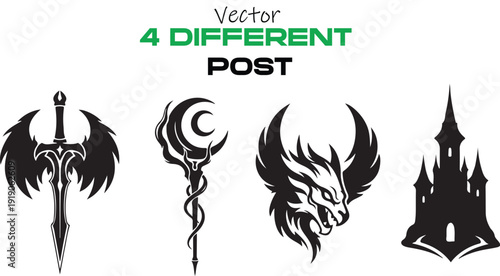 Four distinctive symbolic icons with text overlay