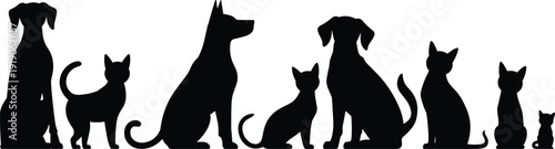 Cat and dog silhouettes set isolated on white background, domestic pet animals collection, black sitting poses illustration