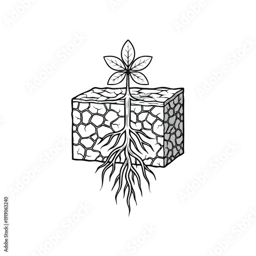 Plant Growth in Soil Block. Roots and Leaves. Nature Concept.