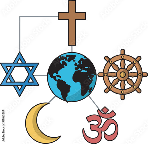 Comparative theology world religion symbols diverse faith spiritual unity philosophy study academic concept.