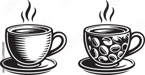 Two coffee cups on saucers one striped one with coffee beans steaming
