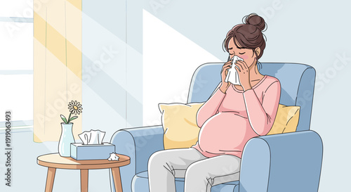 Pregnant woman with allergies sitting in a chair, illustrating health issues for healthcare professionals