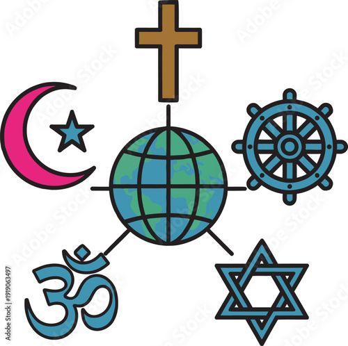 Comparative theology religious symbols interfaith dialogue spiritual unity world religions faith concept vector icon.