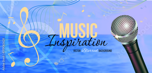 Abstract summer music banner with realistic microphone, blurred seascape background, treble clef, musical notes and curved staff ribbon. Soft light, bokeh, warm tones, harmony and creativity concept.