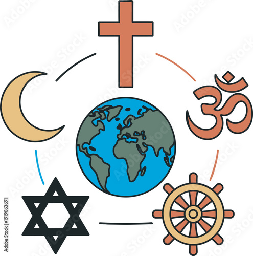 Comparative theology world religion symbols interfaith diversity spiritual unity icons vector set background.