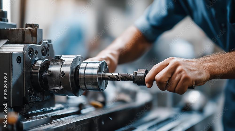 Naklejka premium Faceless worker operating lathe machine shaping metal part with precision, lathe machining, metalworking process, industrial manufacturing, production skill, with copy space