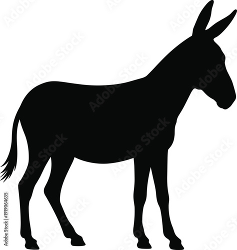 Donkey silhouette isolated on white background, farm animal mule illustration, standing equine profile clipart, black livestock rural design