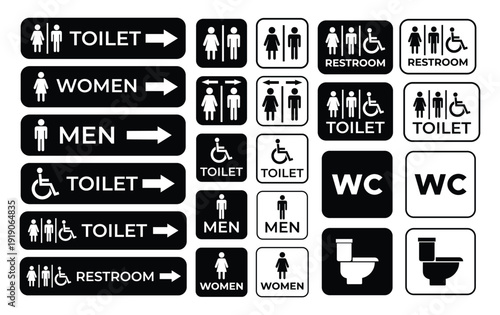 Restroom Directional Signage Icons Set – Toilet, Men, Women and WC Wayfinding Symbols