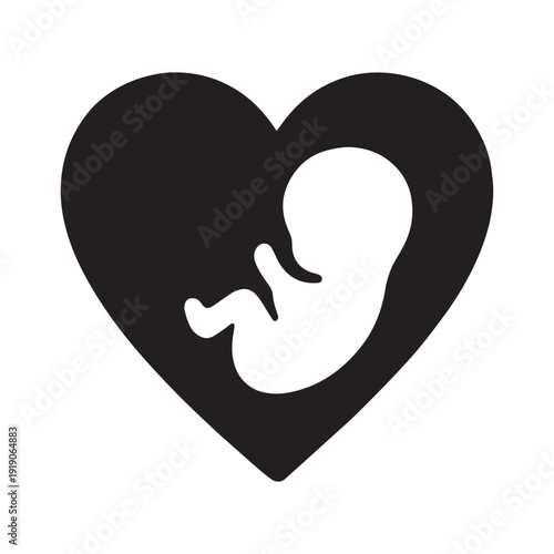 A black and white heart symbolizing love and pregnancy with an embryo inside.
