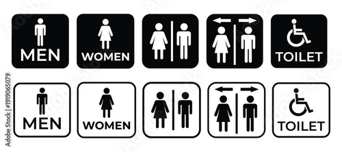 Restroom Directional Signage Collection – Toilet, Women, Men, Accessible and Restroom Arrow Icons Set
