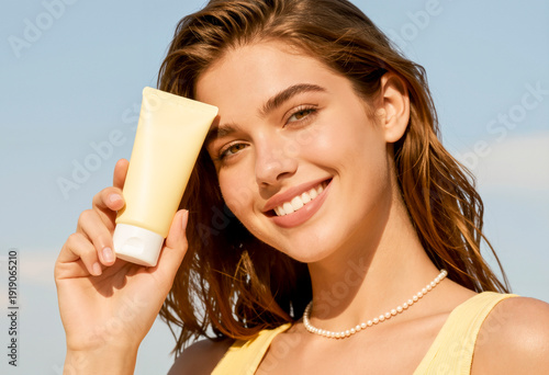 Giovane donna crema solare estate cura della pelle bellezza