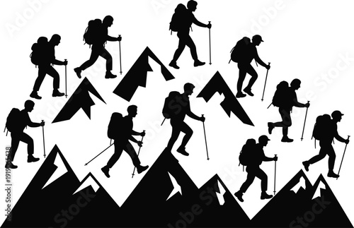 Hiker silhouette set with mountains, trekking backpackers climbing peaks isolated vector illustration outdoor adventure travel concept design