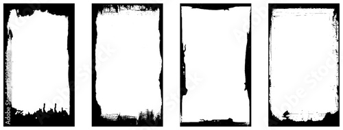 Charcoal messy grunge frames, Black background with damaged scuffed texture. Empty vertical backgrounds for texts or images. Vector graphics, design elements.