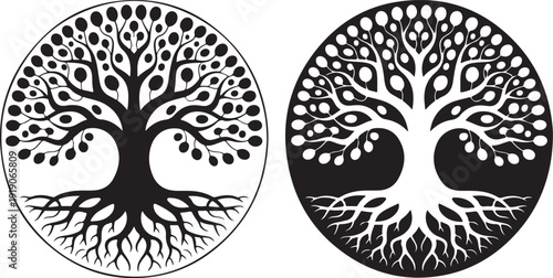 Two distinct tree of life vector logos, each within a circular frame, black and white design