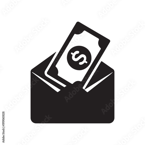 Black and white icon depicting an envelope containing money and a dollar symbol