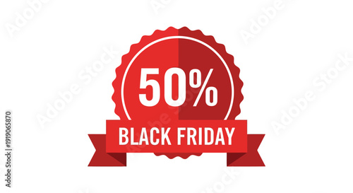 Striking red badge graphic prominently displays a fifty percent discount for a major seasonal shopping event