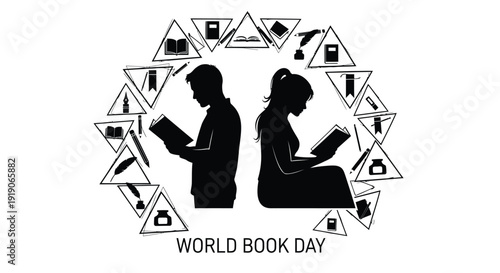 World Book Day icon set, reading and literacy symbols, book lover illustrations