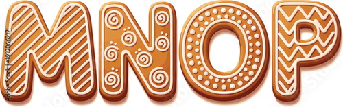 Gingerbread alphabet letters MNOP. 3D cookie typography with white icing patterns. Festive holiday design isolated on white background.