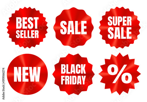 Red holographic sale sticker, black friday emblem, best seller icon, new label. Round shiny foil emblem. Badge with uneven wavy zigzag edge. Star shape tag isolated on white background. Vector EPS10