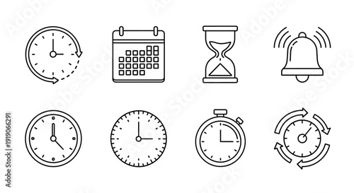 Assorted timekeeping devices and alarm icons displayed in a grid layout on a clean white background from a straightforward viewpoint