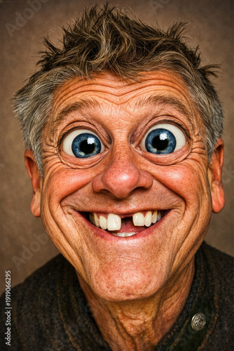 Lustiges Portrait von einem älterer Mann mit Zahnlücke (Karikatur)