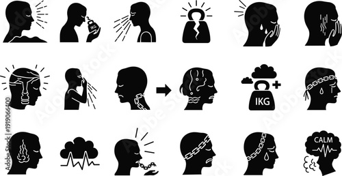 Set of women silhouettes and vector profile avatars featuring black hair outlines, business person icons, and social user symbols for a professional group illustration