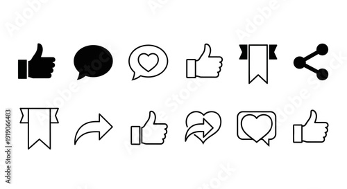 Collection of social media icons including thumbs up, speech bubbles, and bookmarks in various line styles on a clean background