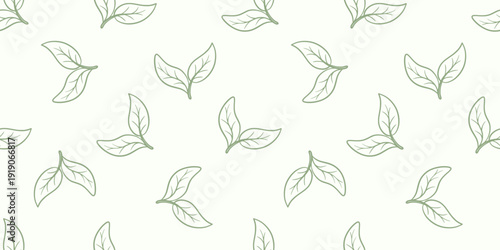 Seamless pattern with young green tea leaves. Leafy natural background. Tea print for packaging, paper and design, vector graphic