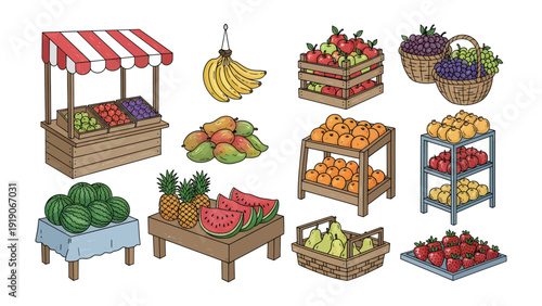 Fresh Market's Colorful Bounty: An inviting illustration of a vibrant market stall, overflowing with an array of fresh, ripe produce, showcasing the abundance and natural goodness of the harvest.