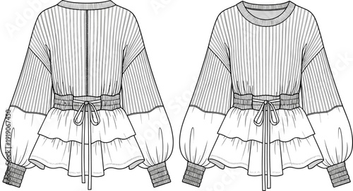 Vector Technical Sketch of Women Long Sleeve Peplum Top Featuring Round Neck Ruffled Hem and Waist Tie Detail for Fashion Design