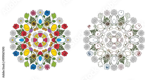 Floral mandala vector illustration set with colorful ornament and black outline sketch for coloring book. Round botanical pattern design featuring roses, sunflowers, and daisies.