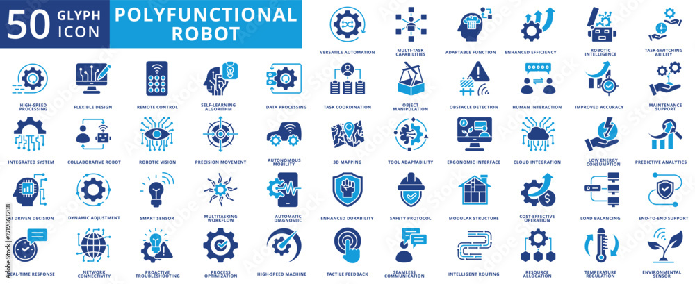 Fotografi Polyfunctional robot icon set flat containing versatile automation, multi-task c