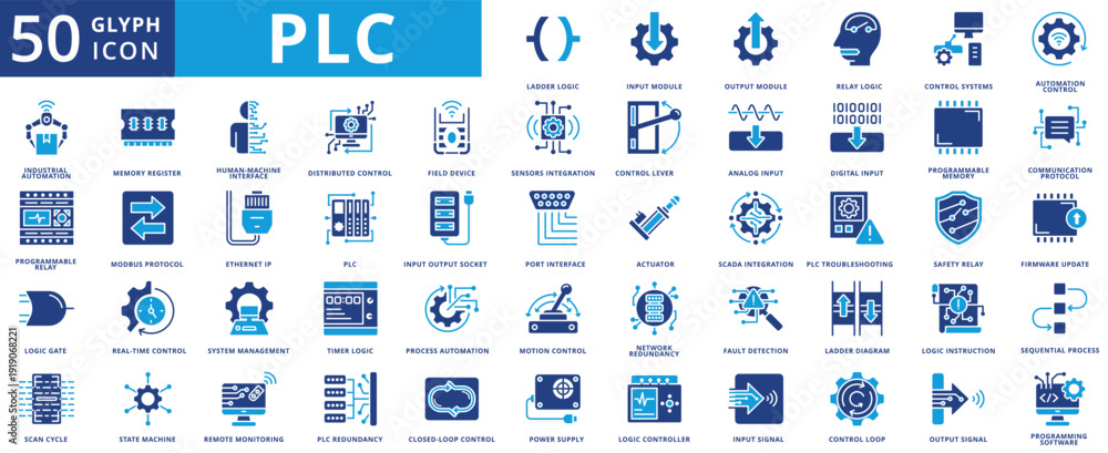 Фотография PLC icon set flat containing ladder logic, input module, output module, relay lo