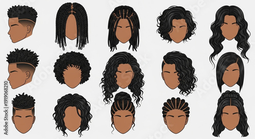 Collection of diverse hairstyles for black women and men.