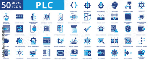 PLC icon set flat containing ladder logic, input module, output module, relay logic, control systems, automation control, industrial automation, programmable relay, logic gate, scan cycle, memory
