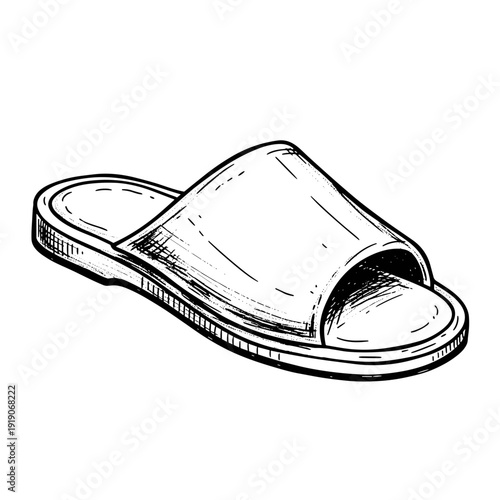 Detailed sketch of an open heel slipper, isolated on a white background, showcasing intricate line art and texture