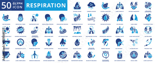 Respiration icon set flat containing oxygen intake, carbon dioxide, alveoli function, lung capacity, oxygen transport, cellular respiration, gas exchange, hemoglobin role, diaphragm movement