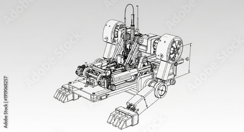 Detailed industrial machine drawing with complex mechanisms.