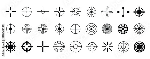 Crosshair and target icons for aiming and precision, modern bullseye and scope symbol collection in flat and outline styles