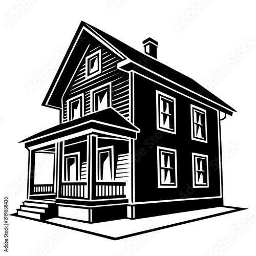A black and white drawing of a house with a porch