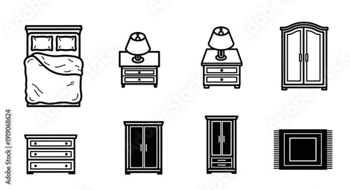 Collection of bedroom furniture icons in a simple line art style.