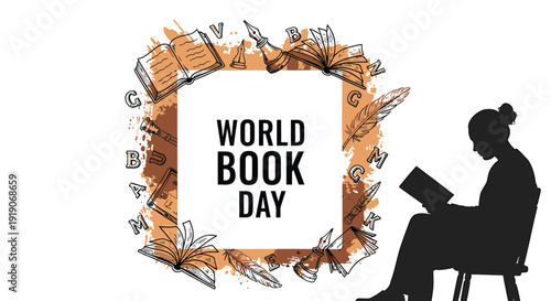 World Book Day icon with silhouette of woman reading, surrounded by books and feathers.