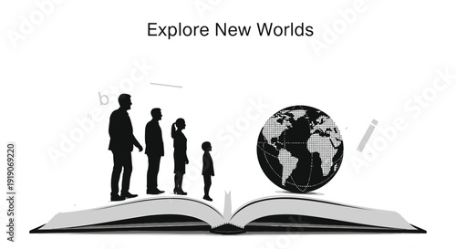 Family silhouette on open book with globe, education and exploration concept, vector illustration.