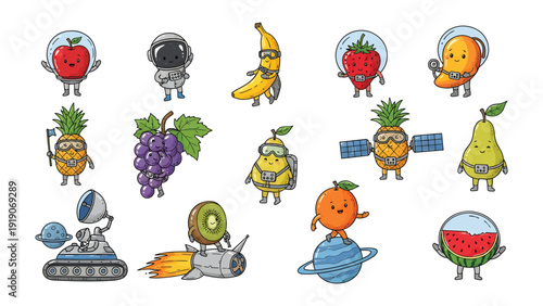 Fruits in Space Adventure: A whimsical collection of animated fruit characters in space, each with unique expressions and astronaut gear, ready for cosmic exploration and fun adventures.