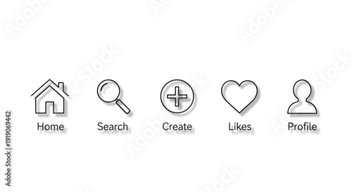 Five icons representing common app functionalities with labels