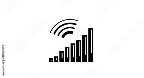 Wireless signal strength indicator with increasing bar graph and signal waves