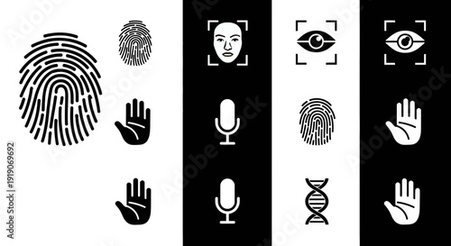 Biometric and symbolic icons representing modern identification and communication methods