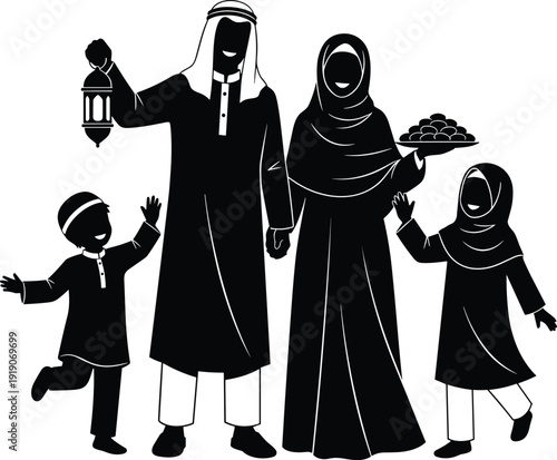 Silhouette family celebrating Ramadan or Eid illustration, lantern and food tradition, minimalist black design, cultural bonding, festive togetherness icon