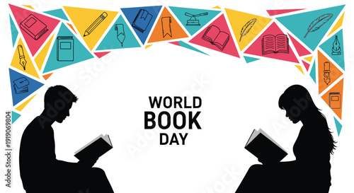 World Book Day vector illustration, featuring silhouettes of two people reading books, surrounded by colorful triangular flags.
