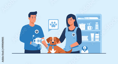 Veterinarian and Assistant Caring for Dog in Clinic